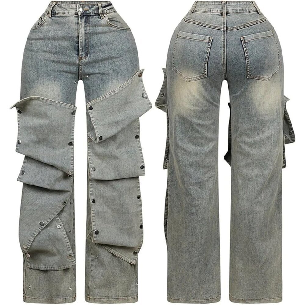 Women Cargo Jeans High Waisted Straight Wide Leg Denim Pants Casual Trendy - Picture 5 of 5